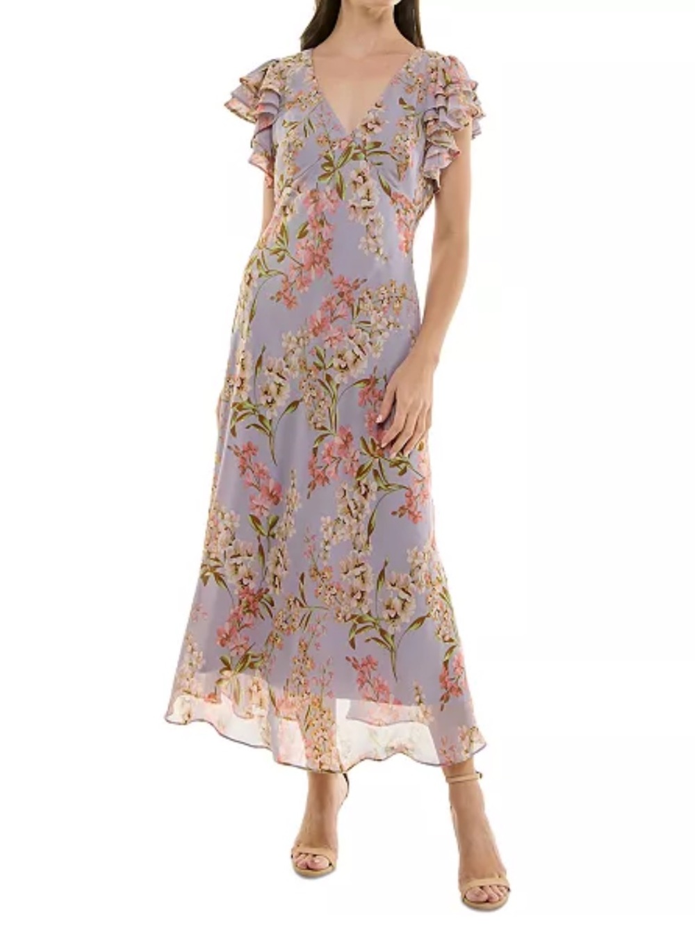 Floral Print Flutter-Sleeve Midi Dress